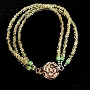 Lemon quartz/citrine bead 3 strand sterling flower clasp bracelet 7"